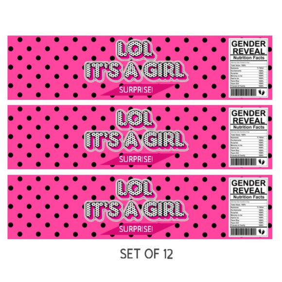 LOL It's A Girl, Surprise, Gender Reveal Water Bottle Labels, It's a Girl Theme - Picture 2 of 5